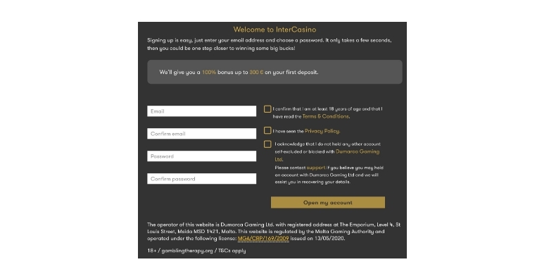 InterCasino Sign Up